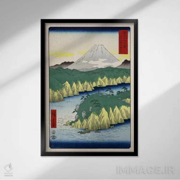 تابلو دریاچه در هاکونه اثر اوتاگاوا هیروشگه (نقاش و چاپگر ژاپنی اوکییو-ئه) - نمای قابدار مشکی
