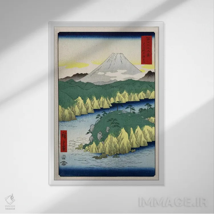 تابلو دریاچه در هاکونه اثر اوتاگاوا هیروشگه (نقاش و چاپگر ژاپنی اوکییو-ئه) - نمای قابدار سفید