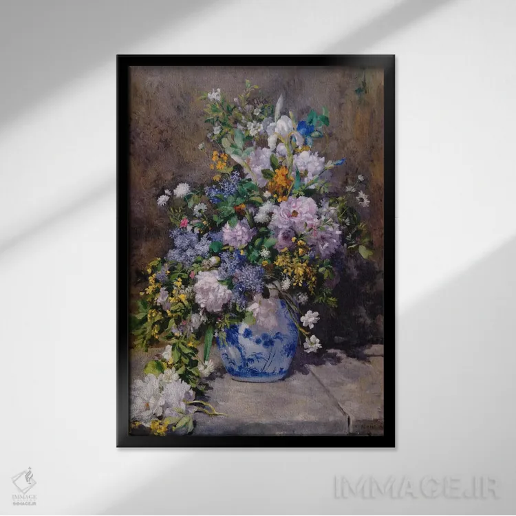 تابلو دسته گل بهاری (گلدان بزرگ گل) اثر پیر-اوگوست رنوار - نمای قابدار مشکی