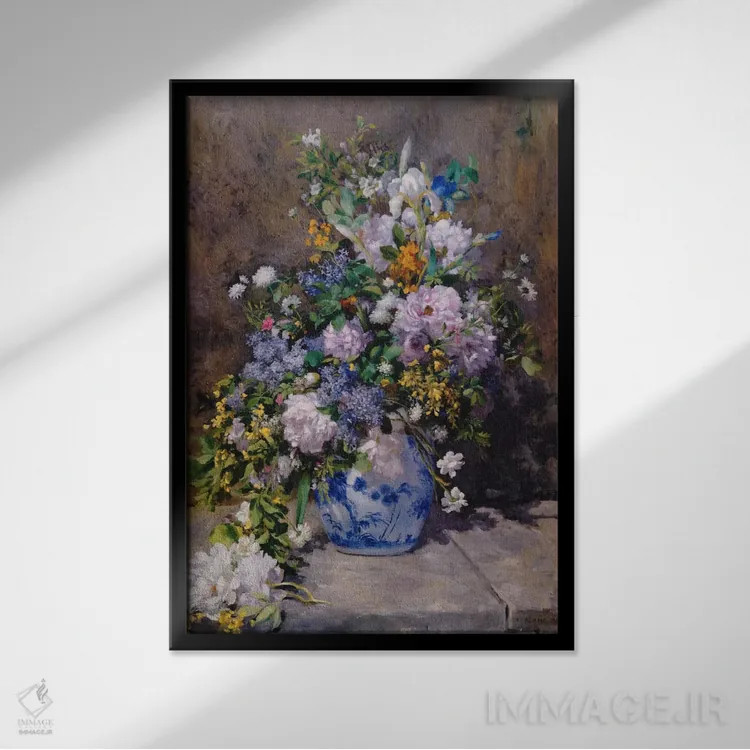 تابلو دسته گل بهاری (گلدان بزرگ گل) اثر پیر-اوگوست رنوار - نمای قابدار مشکی