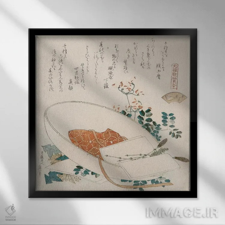 تابلو صدف چیکوساگای (انواع علفها) اثر کاتسوشیکا هوکوسای (نقاش و هنرمند ژاپنی) - نمای قابدار مشکی