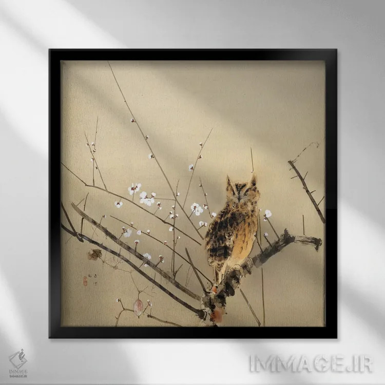 تابلو شکوفههای اولیهٔ آلو اثر نیشیمورا گون - نمای قابدار مشکی