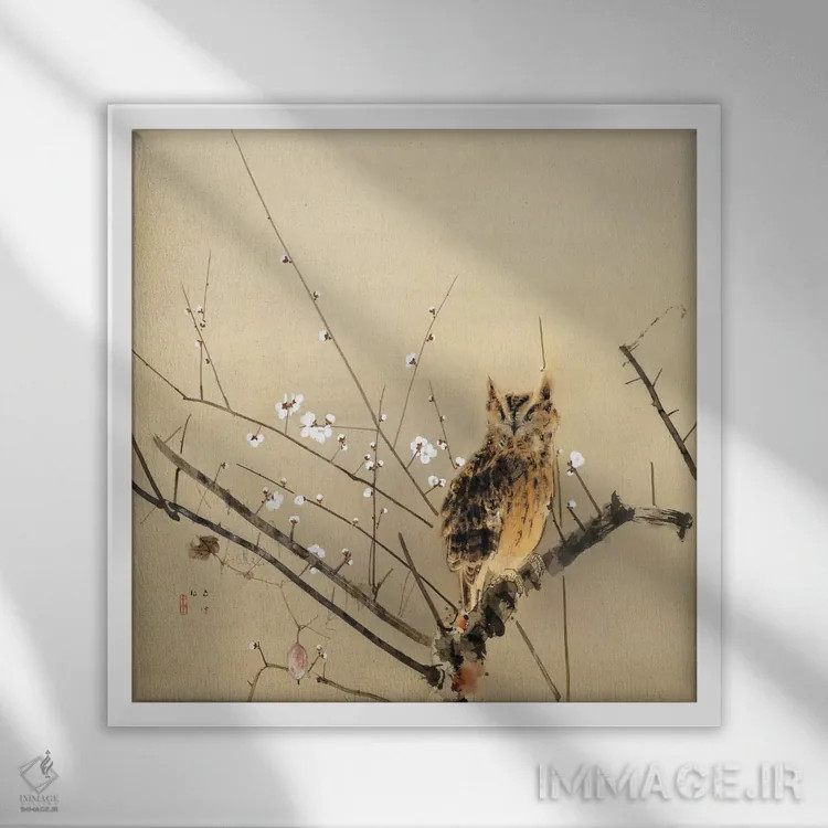 تابلو شکوفههای اولیهٔ آلو اثر نیشیمورا گون - نمای قابدار سفید