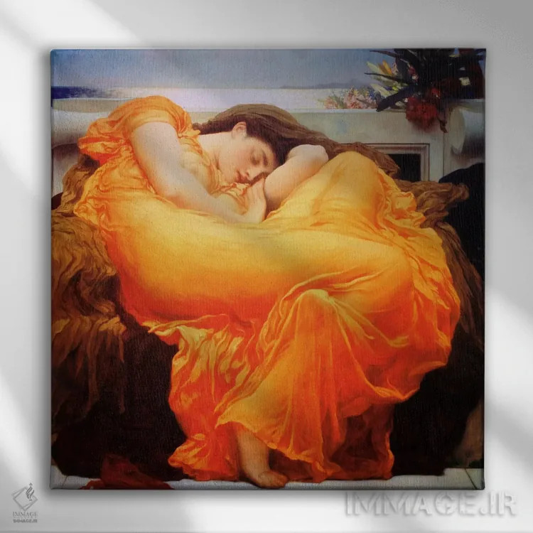 تابلو ژوئن شعلهور اثر فردریک لیتون (نقاش و مجسمهساز انگلیسی) - نمای روبهرو روی دیوار