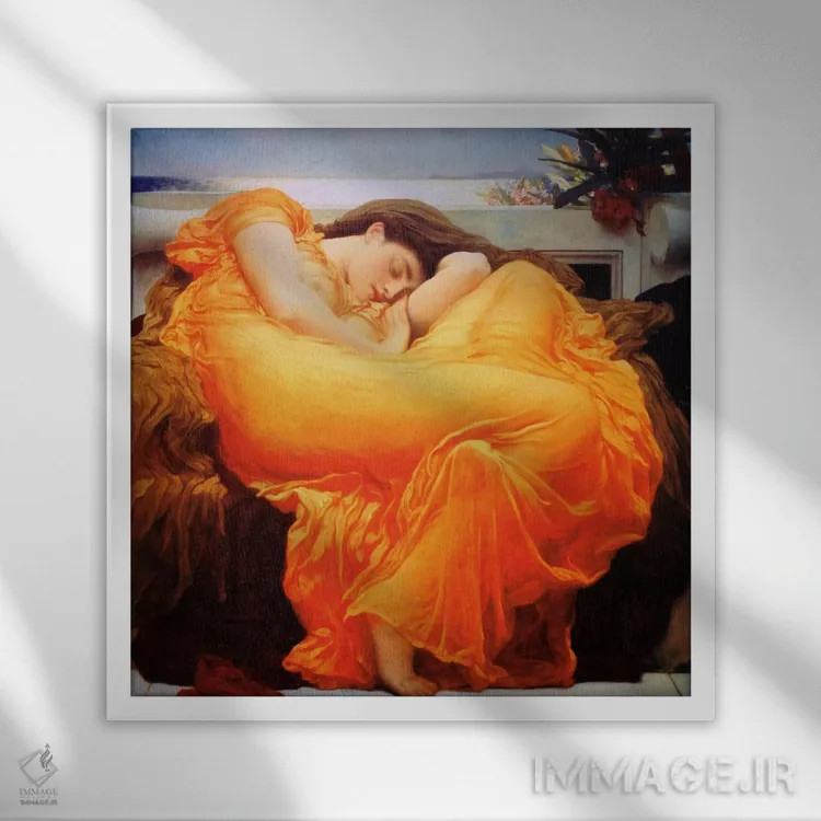 تابلو ژوئن شعلهور اثر فردریک لیتون (نقاش و مجسمهساز انگلیسی) - نمای قابدار سفید