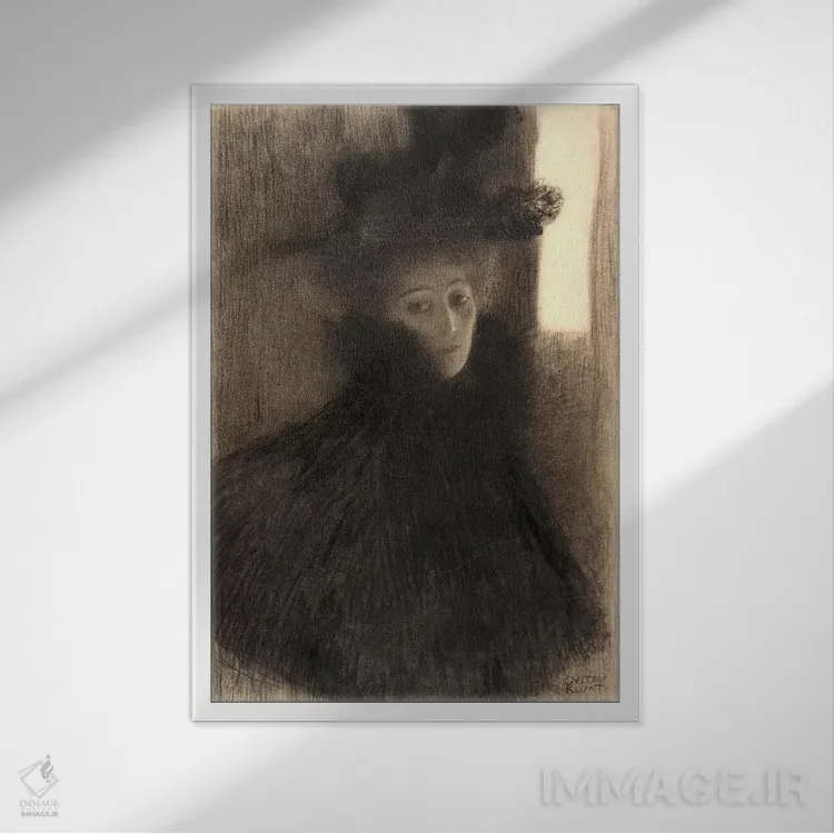 تابلو پرترهٔ بانویی با شنل و کلاه اثر گوستاو کلیمت - نمای قابدار سفید