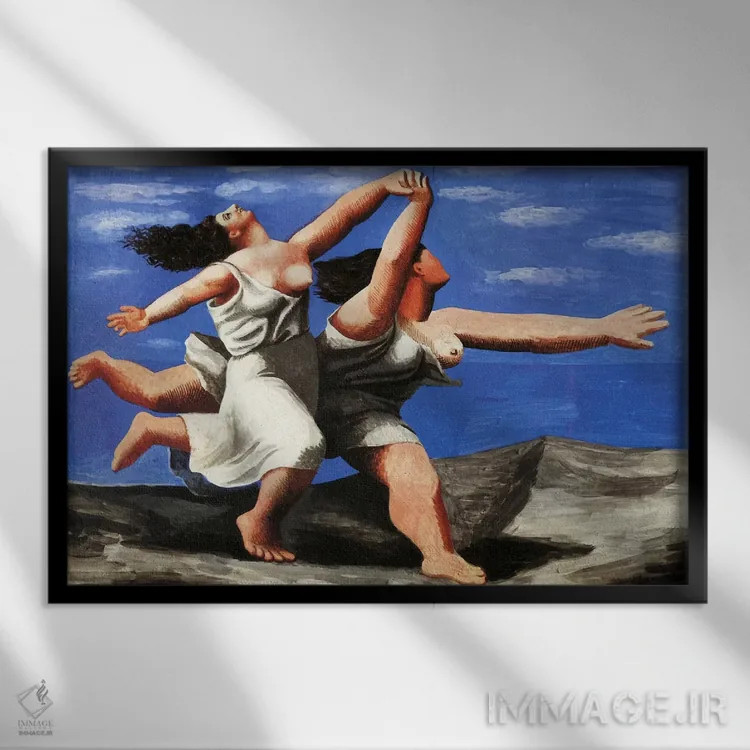 تابلو دو زن در حال دویدن کنار ساحل اثر پابلو پیکاسو - نمای قابدار مشکی