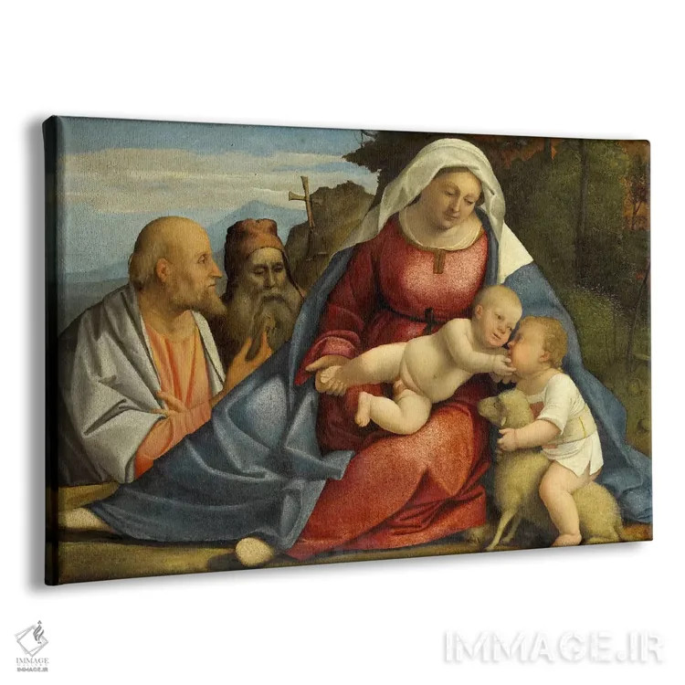 تابلو مدونا و کودک، یوحنا تعمید دهندهٔ کودک، پطرس و آنتونی راهب اثر هنرمند ناشناس - نمای پرسپکتیو محصول