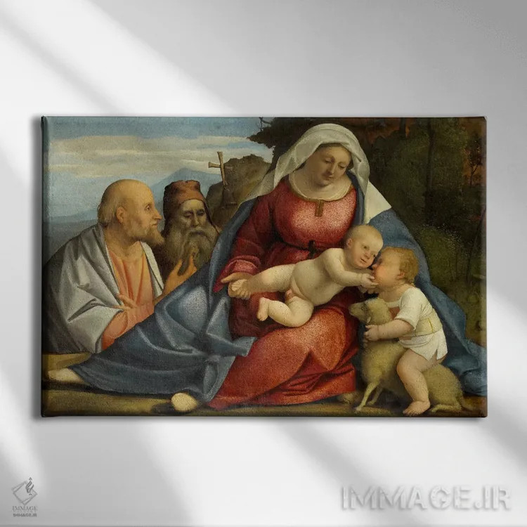 تابلو مدونا و کودک، یوحنا تعمید دهندهٔ کودک، پطرس و آنتونی راهب اثر هنرمند ناشناس - نمای روبهرو روی دیوار