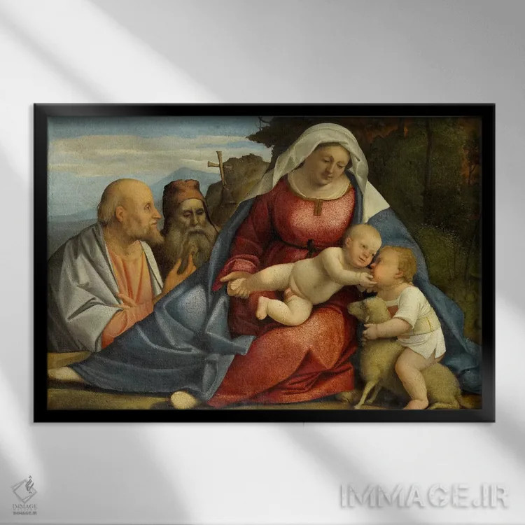 تابلو مدونا و کودک، یوحنا تعمید دهندهٔ کودک، پطرس و آنتونی راهب اثر هنرمند ناشناس - نمای قابدار مشکی