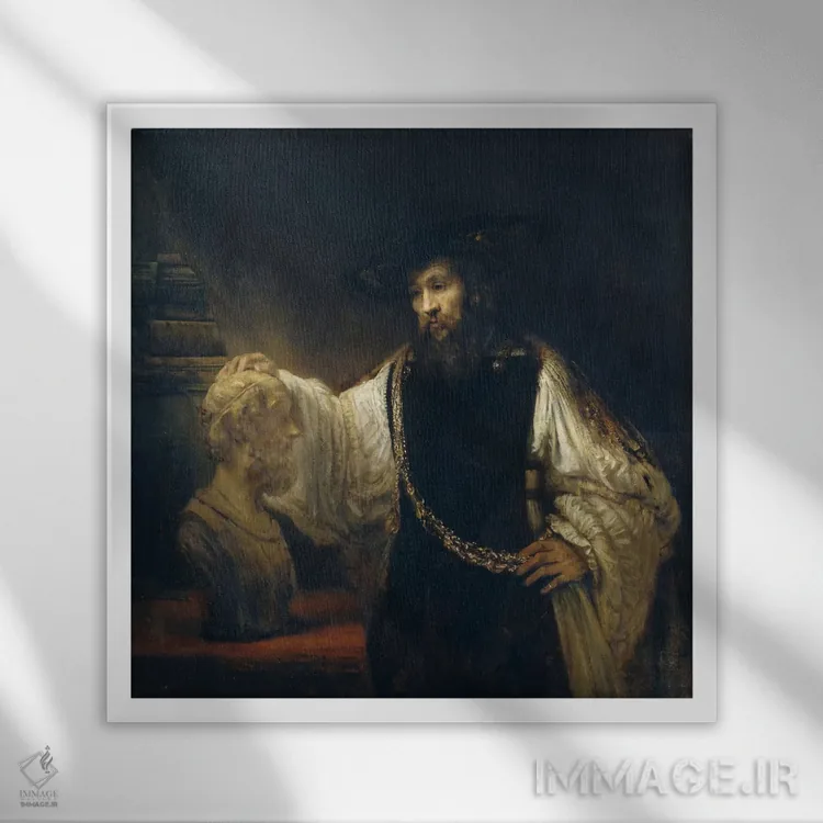 تابلو ارسطو در حال تأمل بر سردیس هومر اثر رمبرانت فان رَین (نقاش بزرگ هلندی) - نمای قابدار سفید