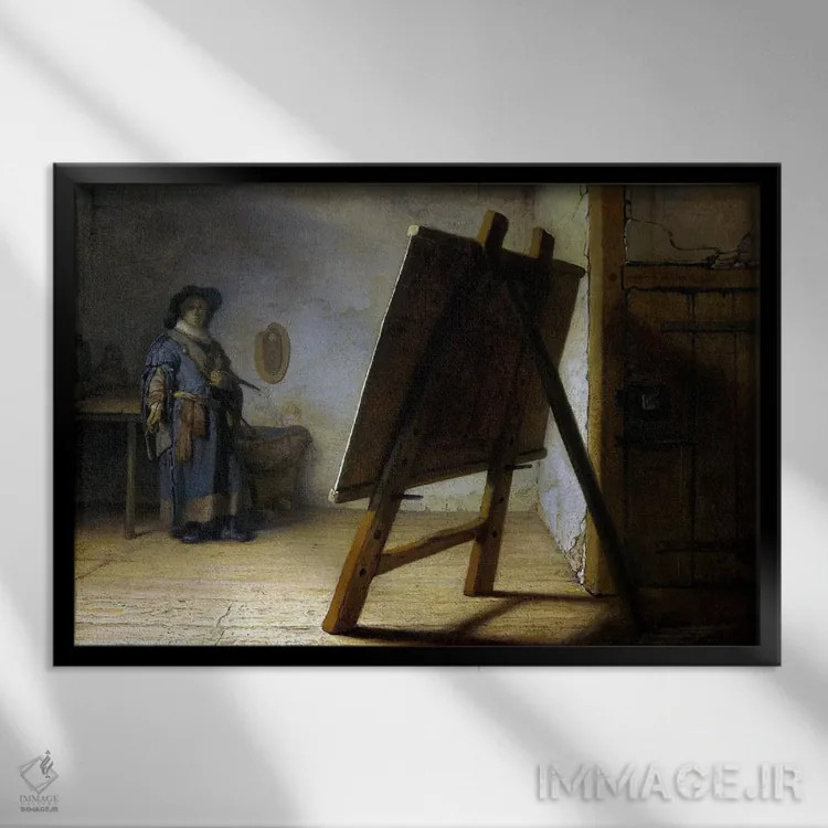 تابلو هنرمند در آتلیه اثر رمبرانت فان رَین (نقاش بزرگ هلندی) - نمای قابدار مشکی