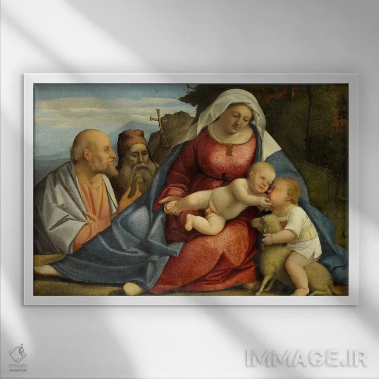 تابلو مدونا و کودک، یوحنا تعمید دهندهٔ کودک، پطرس و آنتونی راهب اثر هنرمند ناشناس - نمای قابدار سفید