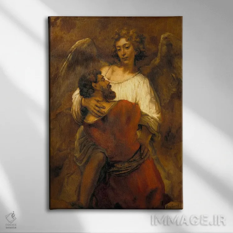 تابلو یعقوب در حال کشتی گرفتن با فرشته اثر رمبرانت فان رَین (نقاش بزرگ هلندی) - نمای روبهرو روی دیوار