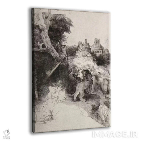 تابلو سن ژروم در حال مطالعه در مناظر ایتالیا اثر رمبرانت فان رَین (نقاش بزرگ هلندی) - نمای پرسپکتیو محصول