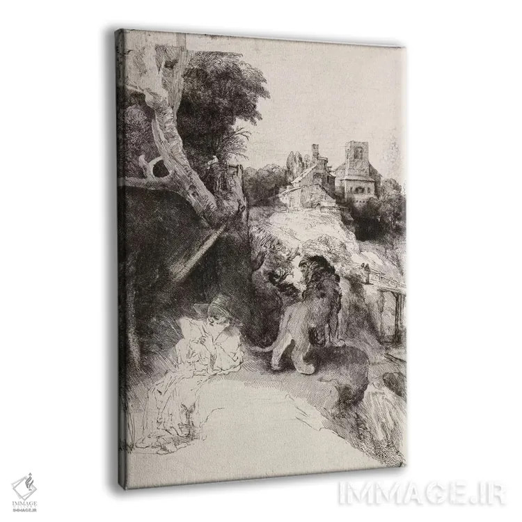 تابلو سن ژروم در حال مطالعه در مناظر ایتالیا اثر رمبرانت فان رَین (نقاش بزرگ هلندی) - نمای پرسپکتیو محصول
