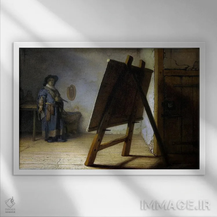 تابلو هنرمند در آتلیه اثر رمبرانت فان رَین (نقاش بزرگ هلندی) - نمای قابدار سفید