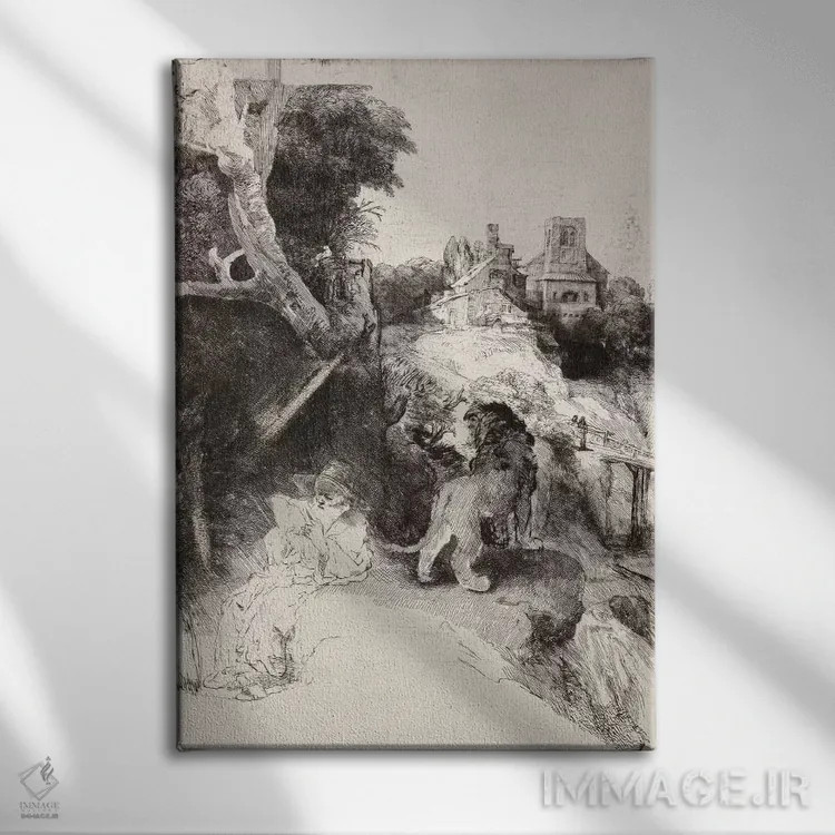تابلو سن ژروم در حال مطالعه در مناظر ایتالیا اثر رمبرانت فان رَین (نقاش بزرگ هلندی) - نمای روبهرو روی دیوار