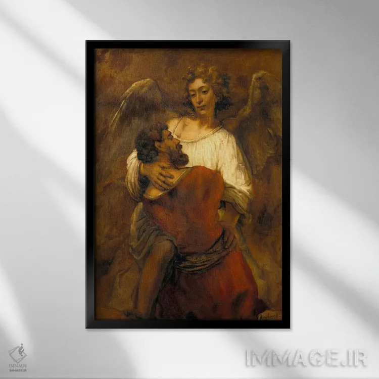 تابلو یعقوب در حال کشتی گرفتن با فرشته اثر رمبرانت فان رَین (نقاش بزرگ هلندی) - نمای قابدار مشکی