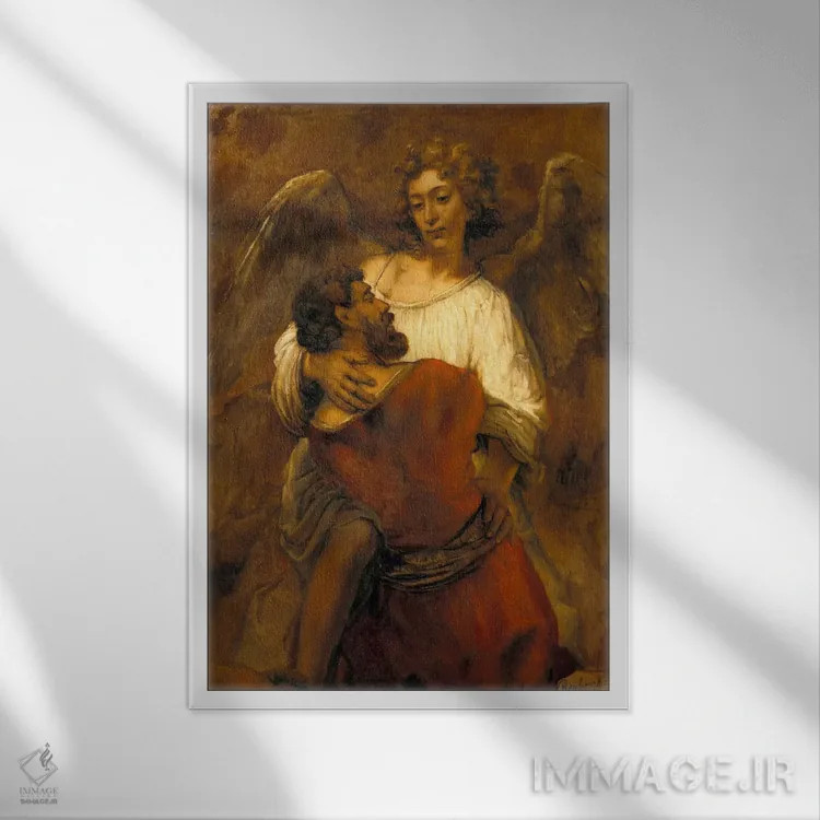 تابلو یعقوب در حال کشتی گرفتن با فرشته اثر رمبرانت فان رَین (نقاش بزرگ هلندی) - نمای قابدار سفید