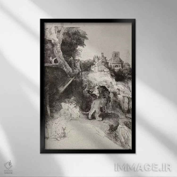 تابلو سن ژروم در حال مطالعه در مناظر ایتالیا اثر رمبرانت فان رَین (نقاش بزرگ هلندی) - نمای قابدار مشکی