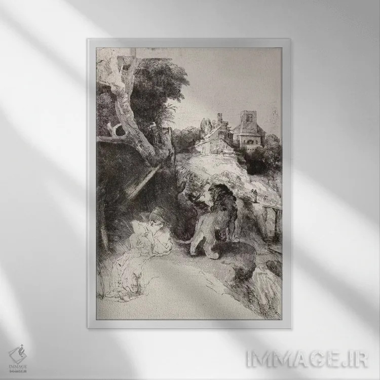 تابلو سن ژروم در حال مطالعه در مناظر ایتالیا اثر رمبرانت فان رَین (نقاش بزرگ هلندی) - نمای قابدار سفید