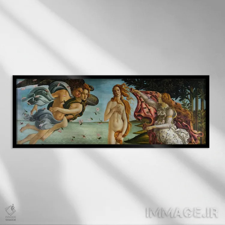 تابلو تولد ونوس اثر ساندرو بوتیچلی (نقاش رنسانس ایتالیا) - نمای قابدار مشکی