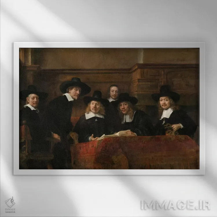 تابلو نمایندگان صنف پارچهفروشان اثر رمبرانت فان رَین (نقاش بزرگ هلندی) - نمای قابدار سفید