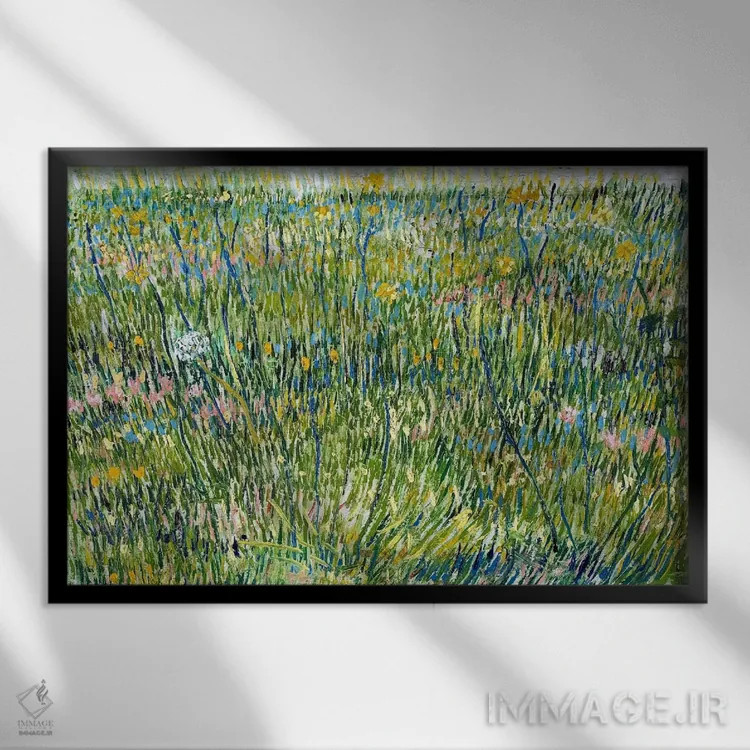 تابلو قطعهای از چمن اثر ونسان ون گوگ (نقاش مشهور هلندی پستامپرسیونیسم) - نمای قابدار مشکی
