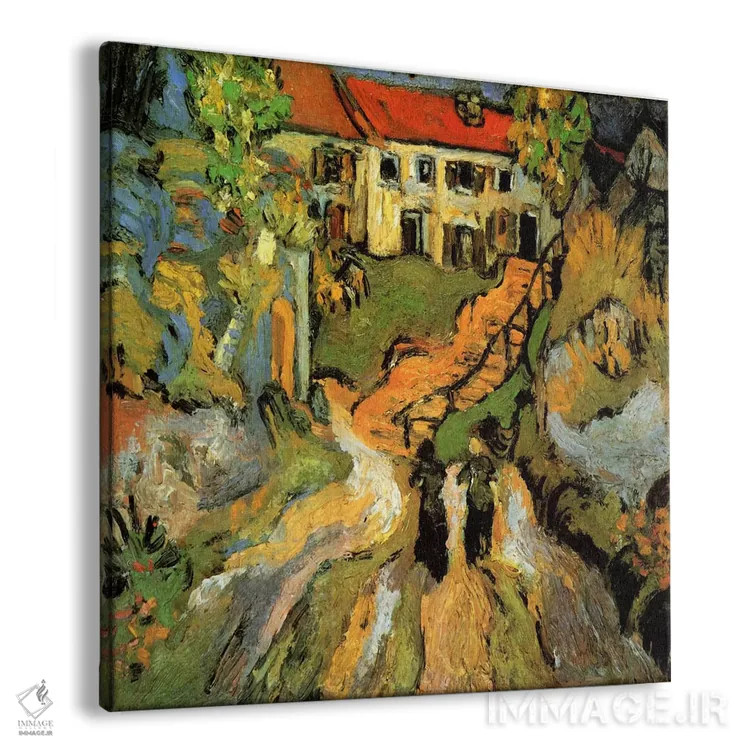 تابلو خیابان روستا و پلهها در اوور با دو نفر اثر ونسان ون گوگ (نقاش مشهور هلندی پستامپرسیونیسم) - نمای پرسپکتیو محصول