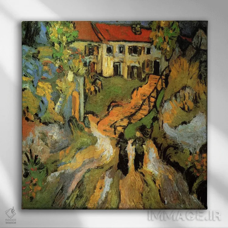 تابلو خیابان روستا و پلهها در اوور با دو نفر اثر ونسان ون گوگ (نقاش مشهور هلندی پستامپرسیونیسم) - نمای روبهرو روی دیوار