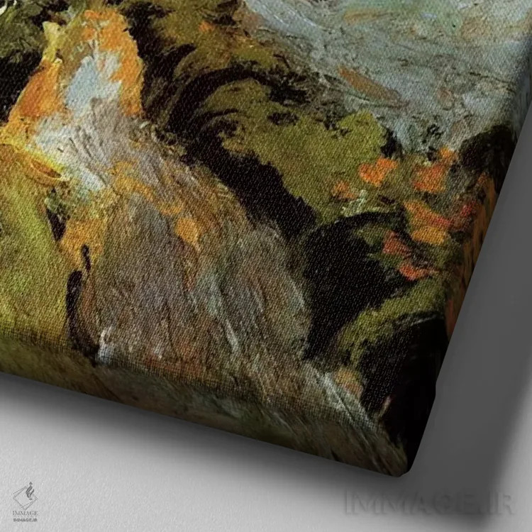 تابلو خیابان روستا و پلهها در اوور با دو نفر اثر ونسان ون گوگ (نقاش مشهور هلندی پستامپرسیونیسم) - نمای نزدیک بافت بوم