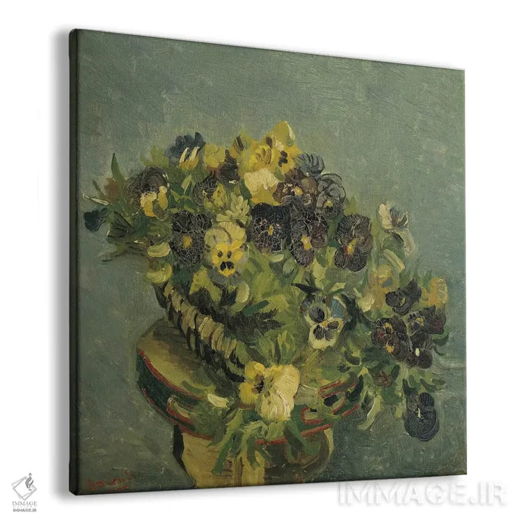 تابلو سبد بنفشه آفریقایی روی میز کوچک اثر ونسان ون گوگ (نقاش مشهور هلندی پستامپرسیونیسم) - نمای پرسپکتیو محصول