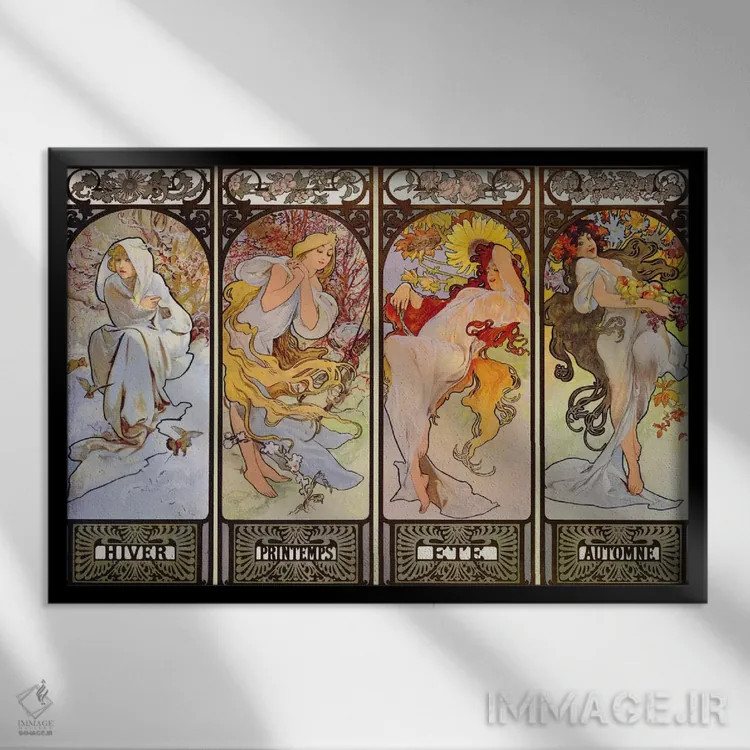 تابلو فصلها (عنوان فرانسوی) اثر آلفونس موخا (هنرمند آرت نووی چک) - نمای قابدار مشکی