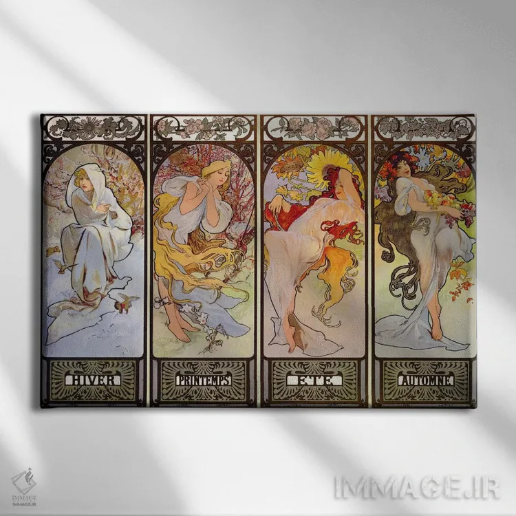 تابلو فصلها (عنوان فرانسوی) اثر آلفونس موخا (هنرمند آرت نووی چک) - نمای روبهرو روی دیوار