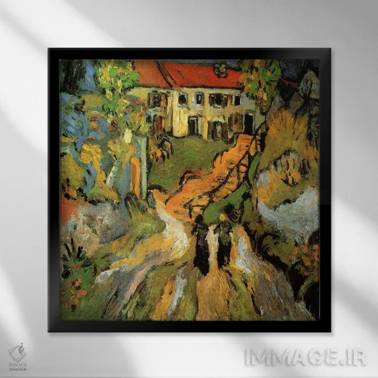 تابلو خیابان روستا و پلهها در اوور با دو نفر اثر ونسان ون گوگ (نقاش مشهور هلندی پستامپرسیونیسم) - نمای قابدار مشکی