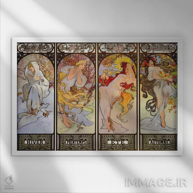 تابلو فصلها (عنوان فرانسوی) اثر آلفونس موخا (هنرمند آرت نووی چک) - نمای قابدار سفید