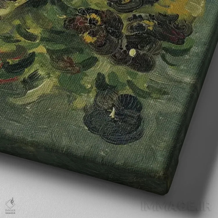 تابلو سبد بنفشه آفریقایی روی میز کوچک اثر ونسان ون گوگ (نقاش مشهور هلندی پستامپرسیونیسم) - نمای نزدیک بافت بوم