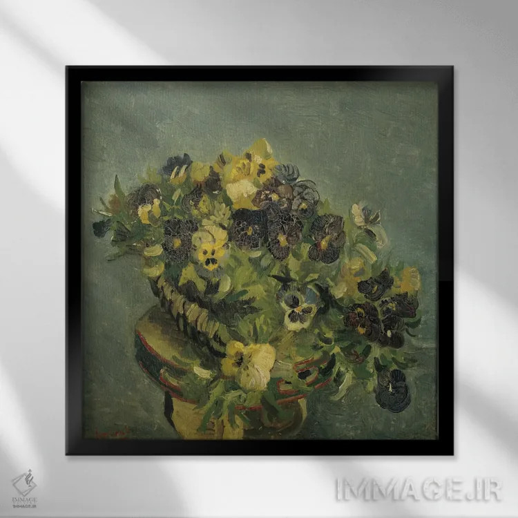 تابلو سبد بنفشه آفریقایی روی میز کوچک اثر ونسان ون گوگ (نقاش مشهور هلندی پستامپرسیونیسم) - نمای قابدار مشکی