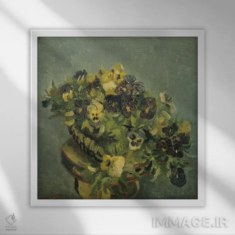 تابلو سبد بنفشه آفریقایی روی میز کوچک اثر ونسان ون گوگ (نقاش مشهور هلندی پستامپرسیونیسم) - نمای قابدار سفید