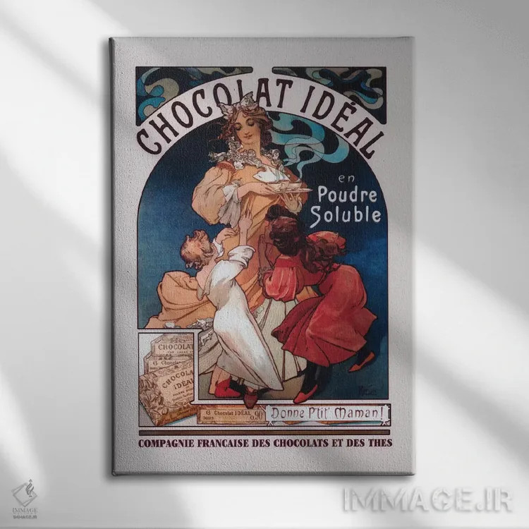 تابلو شکلات ایدئال (عنوان فرانسوی، تبلیغات) اثر آلفونس موخا (هنرمند آرت نووی چک) - نمای روبهرو روی دیوار