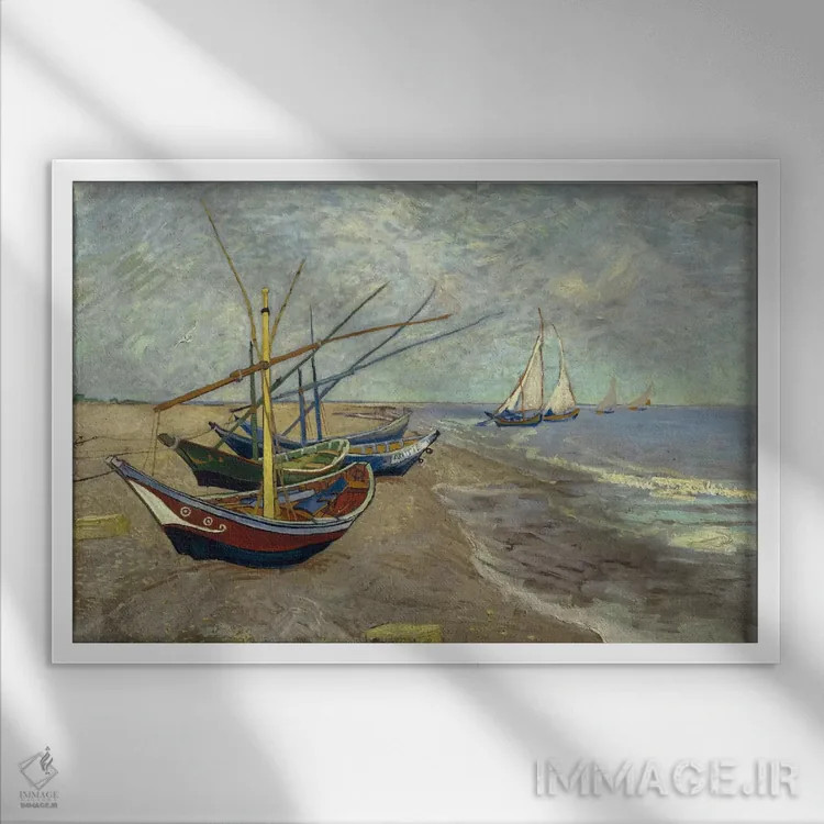تابلو قایقهای ماهیگیری در ساحل سنت ماری دو لامِر اثر ونسان ون گوگ (نقاش مشهور هلندی پستامپرسیونیسم) - نمای قابدار سفید