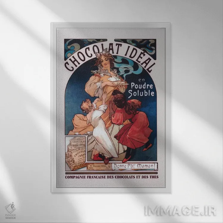 تابلو شکلات ایدئال (عنوان فرانسوی، تبلیغات) اثر آلفونس موخا (هنرمند آرت نووی چک) - نمای قابدار سفید