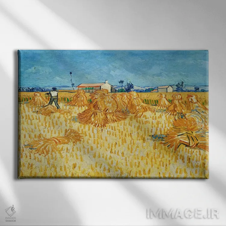 تابلو برداشت محصول در پروانس اثر ونسان ون گوگ (نقاش مشهور هلندی پستامپرسیونیسم) - نمای روبهرو روی دیوار