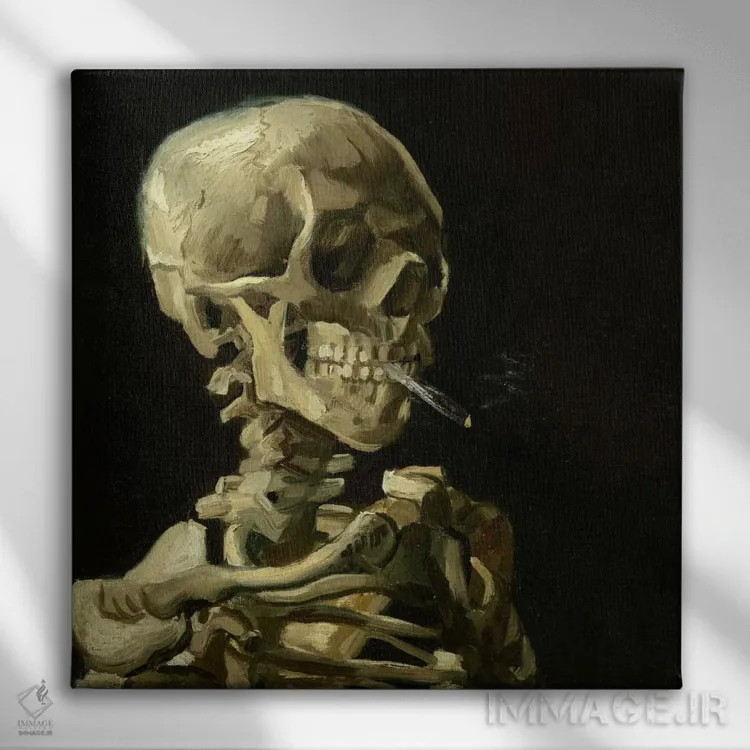 تابلو جمجمه با سیگار روشن اثر ونسان ون گوگ (نقاش مشهور هلندی پستامپرسیونیسم) - نمای روبهرو روی دیوار