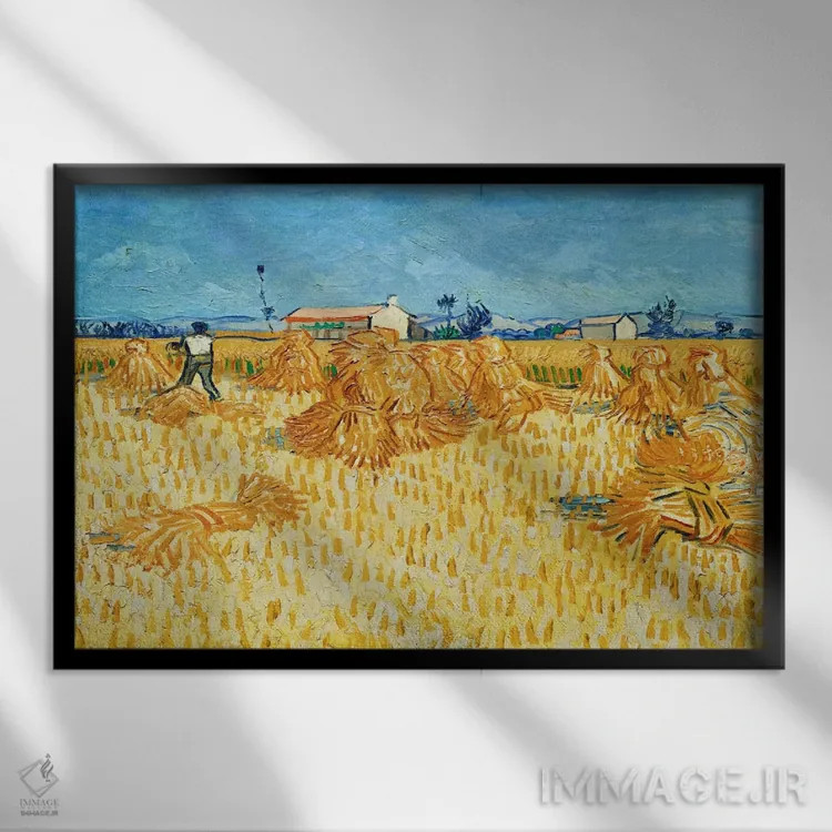 تابلو برداشت محصول در پروانس اثر ونسان ون گوگ (نقاش مشهور هلندی پستامپرسیونیسم) - نمای قابدار مشکی