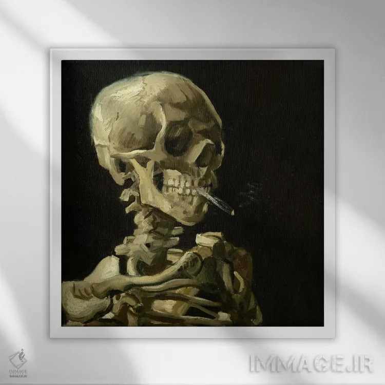 تابلو جمجمه با سیگار روشن اثر ونسان ون گوگ (نقاش مشهور هلندی پستامپرسیونیسم) - نمای قابدار سفید