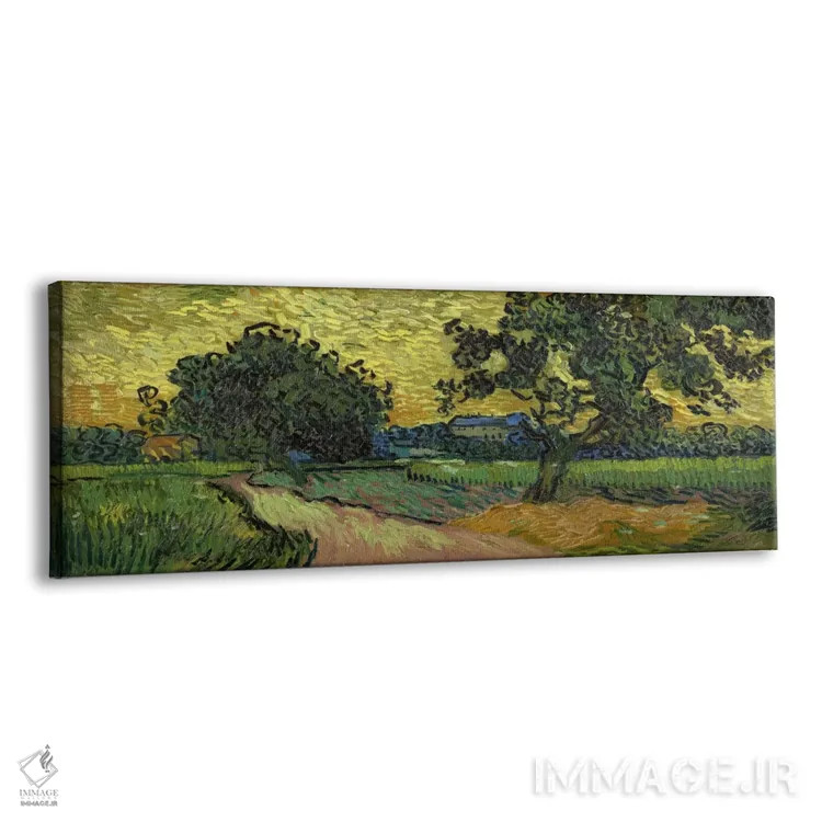 تابلو منظره هنگام غروب اثر ونسان ون گوگ (نقاش مشهور هلندی پستامپرسیونیسم) - نمای پرسپکتیو محصول