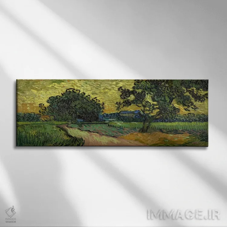 تابلو منظره هنگام غروب اثر ونسان ون گوگ (نقاش مشهور هلندی پستامپرسیونیسم) - نمای روبهرو روی دیوار