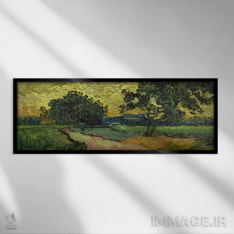 تابلو منظره هنگام غروب اثر ونسان ون گوگ (نقاش مشهور هلندی پستامپرسیونیسم) - نمای قابدار مشکی